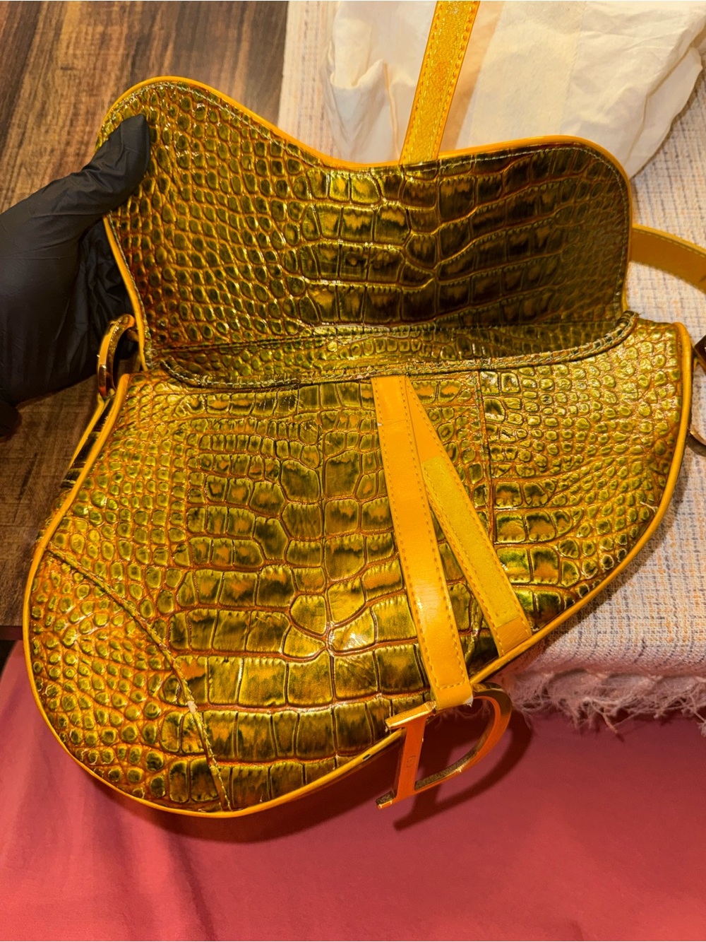 Rare Vintage Dior Saddle Bag with Yellow Croc-Embossed and Gold Hardware - Picture 7 of 16